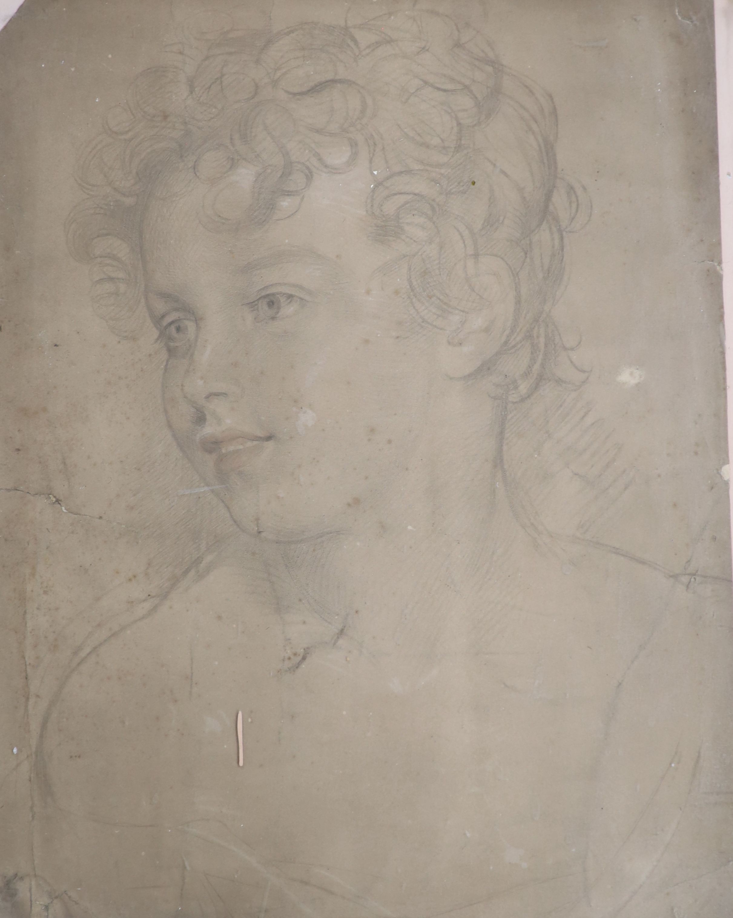 Victorian School, watercolour, Mother and child on a lane, indistinctly signed 66 x 48 cm, and an engraved study of a youth, 44 x 34cm.